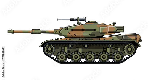 Cartoonstyle tank Olive  brown camouflage black treads long barrel  rear turret box