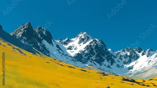 Snow capped mountains and autumn trees under a clear blue sky