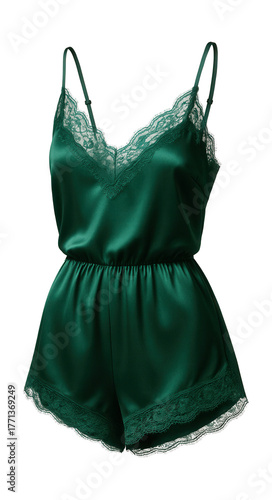 Emerald green satin pajama onesie with lace trim and adjustable straps.
