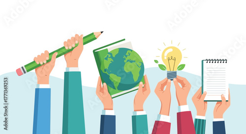 Hands holding creative tools pencil, book, lightbulb, and notebook, promoting knowledge and ideas