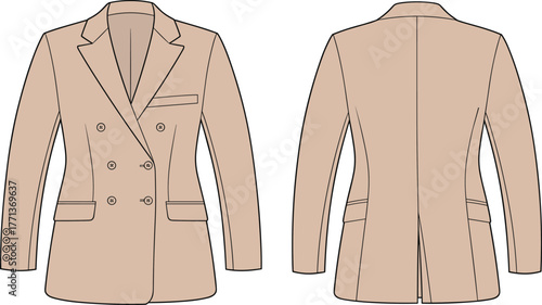 Double breasted blazer fashion flat template, formal jacket CAD drawing, vector clothing mockup front and back, tailored apparel design