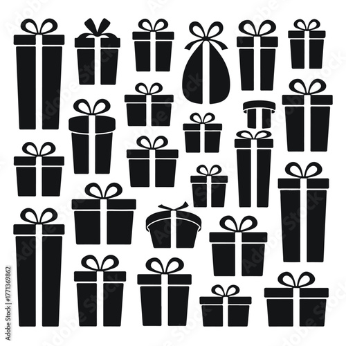 Collection of black silhouette gift boxes with ribbons and bows on white background