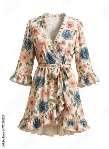 Printed jersey wrap robe with ruffle trim.