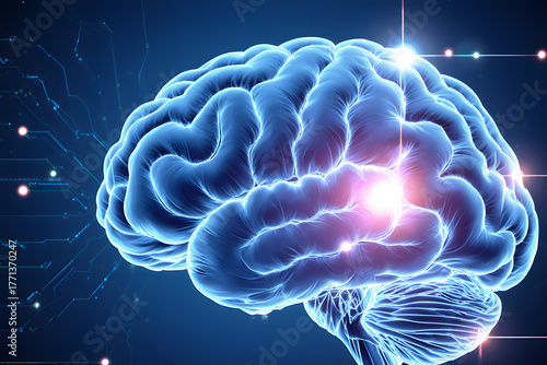 Vibrant digital illustration of a human brain glowing with knowledge and innovation.