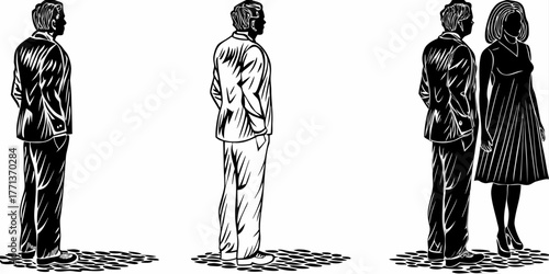 Illustration of three groups of people standing in suits and dresses in black and white style