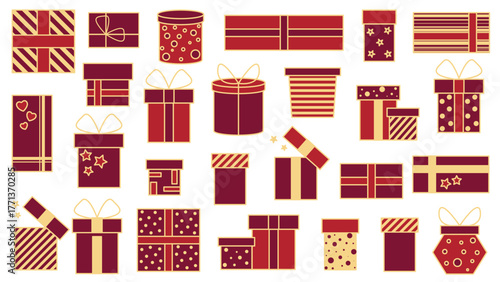 Set of gifts in red and gold tones. Clip art collection of variously shaped boxes with ribbons and bows for surprises for New Year, Christmas, birthdays, Valentine's Day. Vector elements