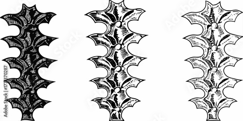 Three vertical decorative borders with holly leaf designs in varying shades of black and white tone