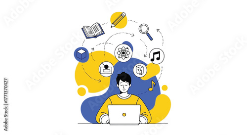Creative Learning and Online Education Concept Student Using Laptop with Icons and Symbols