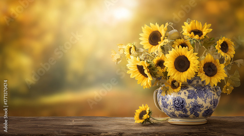 sunflower. A vibrant sunflower bouquet in a rustic vase, bathed in warm golden hour light. gardening catalogs, home-decor guides, designed for home decor and floral branding, enhances decor appeal.