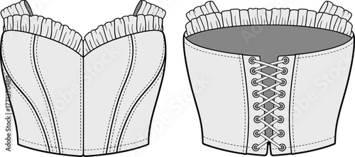 Front and back corset top mockup, lace up bustier template, ruffle trim sexy crop top fashion flat sketch vector design