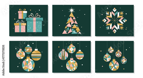 Festive Christmas Card Designs with Gift Boxes, Tree, Snowflake, and Ornaments on a Green Background