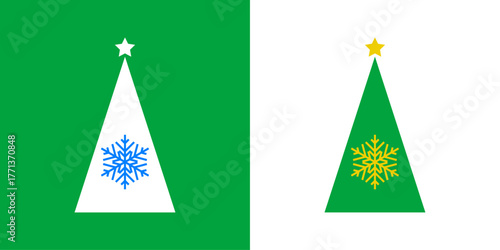 Logo con árbol de navidad con forma de triángulo con copo de nieve y estrella para tarjetas y felicitaciones de Navidad
