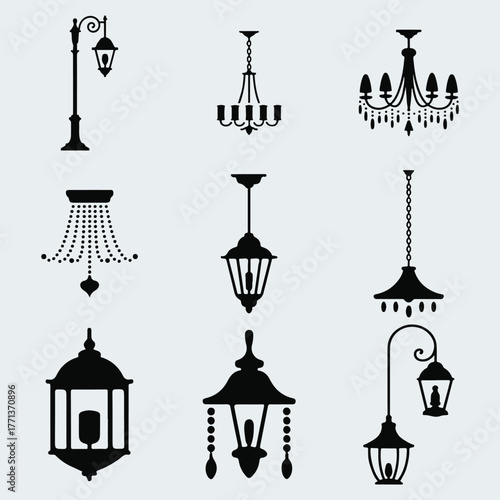 Collection of elegant black silhouette vintage and modern lamps and chandeliers on a white background