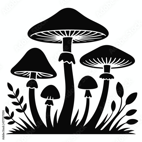 Black silhouette of a cluster of various sized mushrooms and foliage on a white background