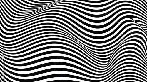 Abstract black and white wavy lines create an optical illusion of depth and three dimensionality effect