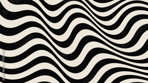 Black and white wavy lines create an abstract pattern filling the entire frame with a smooth and flowing design
