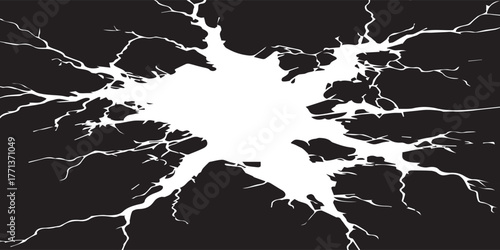Abstract monochrome illustration of a powerful impact crack or electrical discharge radiating from the center on a black background.