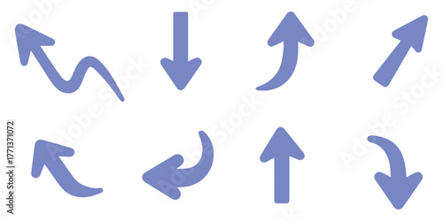 Set of eight hand-drawn purple arrows pointing in various directions on a white background.
