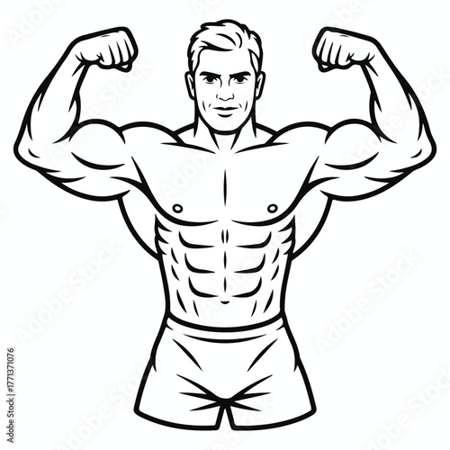 Muscular man flexing biceps and showing abs in a classic bodybuilding pose line art