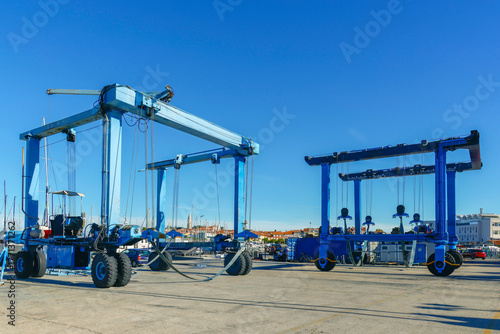 Image of a mobile boat lift or hoist at Izola marina, Slovenia, Adriatic coast, Europe