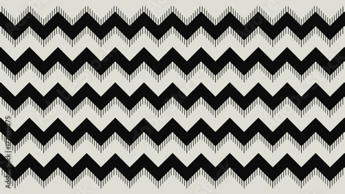 Black zigzags with short vertical lines on a white background creating a repeating pattern design