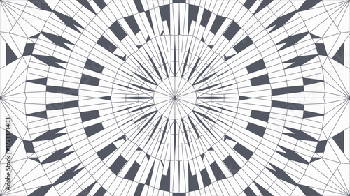 Abstract radial design featuring geometric shapes and lines emanating from a central point pattern art 100