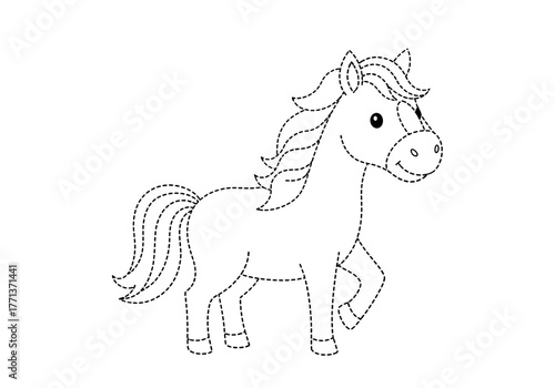 A black and white dotted outline drawing of a cartoon horse in profile