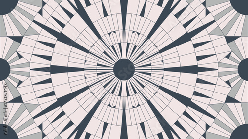 Geometric pattern with radiating lines and circular shapes in shades of gray and light beige design