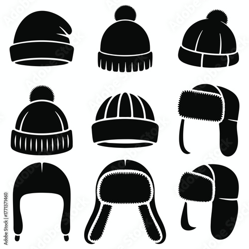Collection of black silhouette winter hats and beanies for cold weather protection and fashion