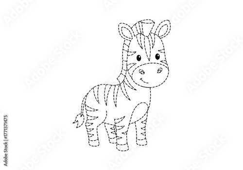 Black and white dashed line drawing of a cute cartoon zebra