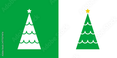 Logo con árbol de navidad con forma de triángulo con líneas curvas y estrella para tarjetas y felicitaciones de Navidad