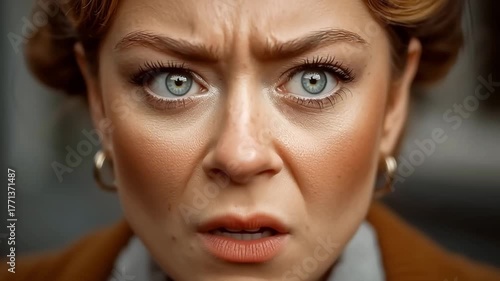 Close up of a woman's face showing a range of negative emotions. Her expression changes from confusion and disgust to shock and utter horror