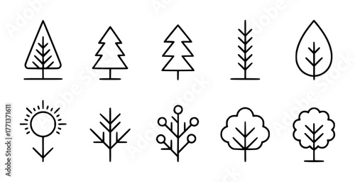 Collection of Simple Line Art Icons Representing Trees and Nature