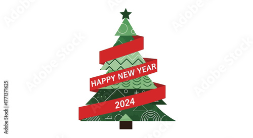 Festive New Year 2024 Illustration A Decorated Christmas Tree with a Ribbon Banner
