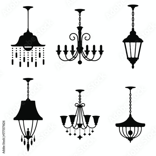 Collection of six elegant black silhouette chandeliers and hanging light fixtures on a white background