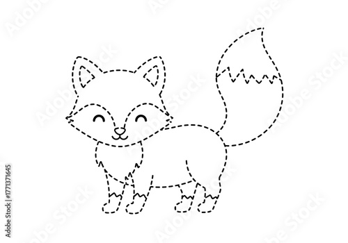 Black dotted line drawing of a smiling cartoon fox with a bushy tail