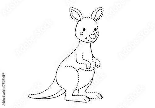 Black dotted outline of a smiling cartoon kangaroo standing up