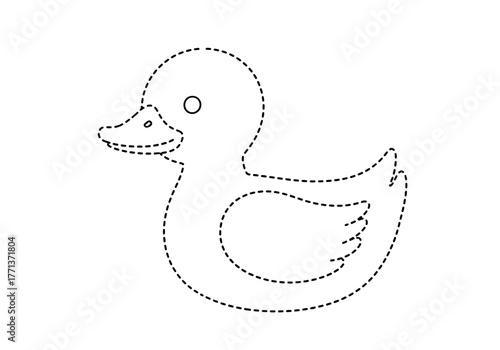 Dotted outline drawing of a rubber duck facing left with an eye and beak detail