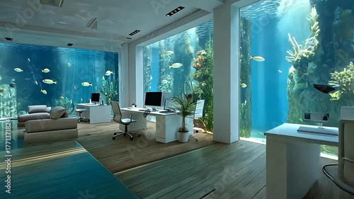 Serene Office Inside an Aquarium with Fish Viewing and Workstations