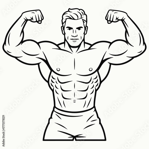 Muscular bodybuilder flexing biceps and showing abdominal muscles in a powerful pose