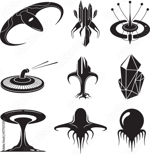 Abstract alien creature and crystal formations vector