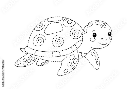 Outline drawing of a cute sea turtle with dotted connecting lines