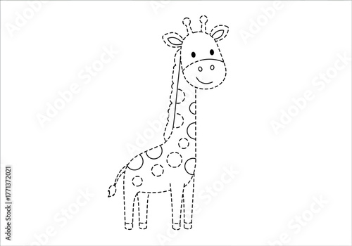 Outline drawing of a happy cartoon giraffe with dashed connecting lines