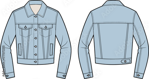 Light blue denim jacket front and back technical flat sketch, stylish apparel fashion design template, vector clothing illustration for branding.