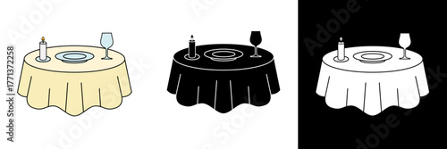Flat vector illustration of a dining table set with plate, glass, and candle. Ideal for restaurant, dinner event, or romantic dining concepts.
