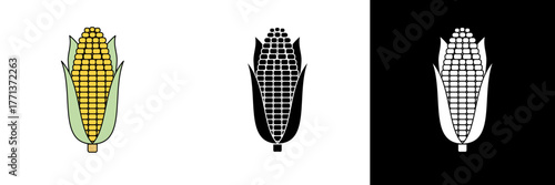 Vector illustration of a fresh yellow corn cob with green husk. Perfect for farm, harvest, agriculture, or organic food design themes.