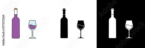 A wine bottle and glass illustration representing celebration, elegance, and fine dining. Presented in purple, black, and white variations for event or hospitality designs.