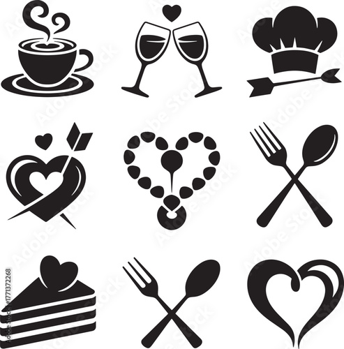 Black icons of food drink hearts and chef hat coffee saucer