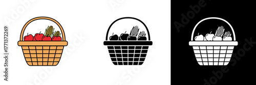 A woven basket filled with fruits and vegetables, symbolizing abundance and harvest. Displayed in full color, black, and white styles ideal for seasonal or organic concepts.