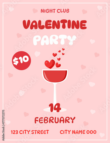 An invitation to a Valentine's Day celebration with hearts and a glass.A party at a nightclub.Vector illustration